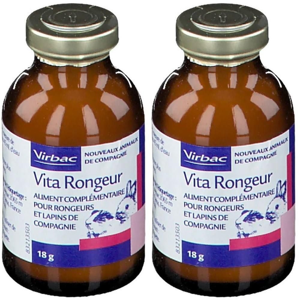 Twee bruine glazen flesjes met zilveren dopjes, elk 18g, met Vita Rongeur etiketten.