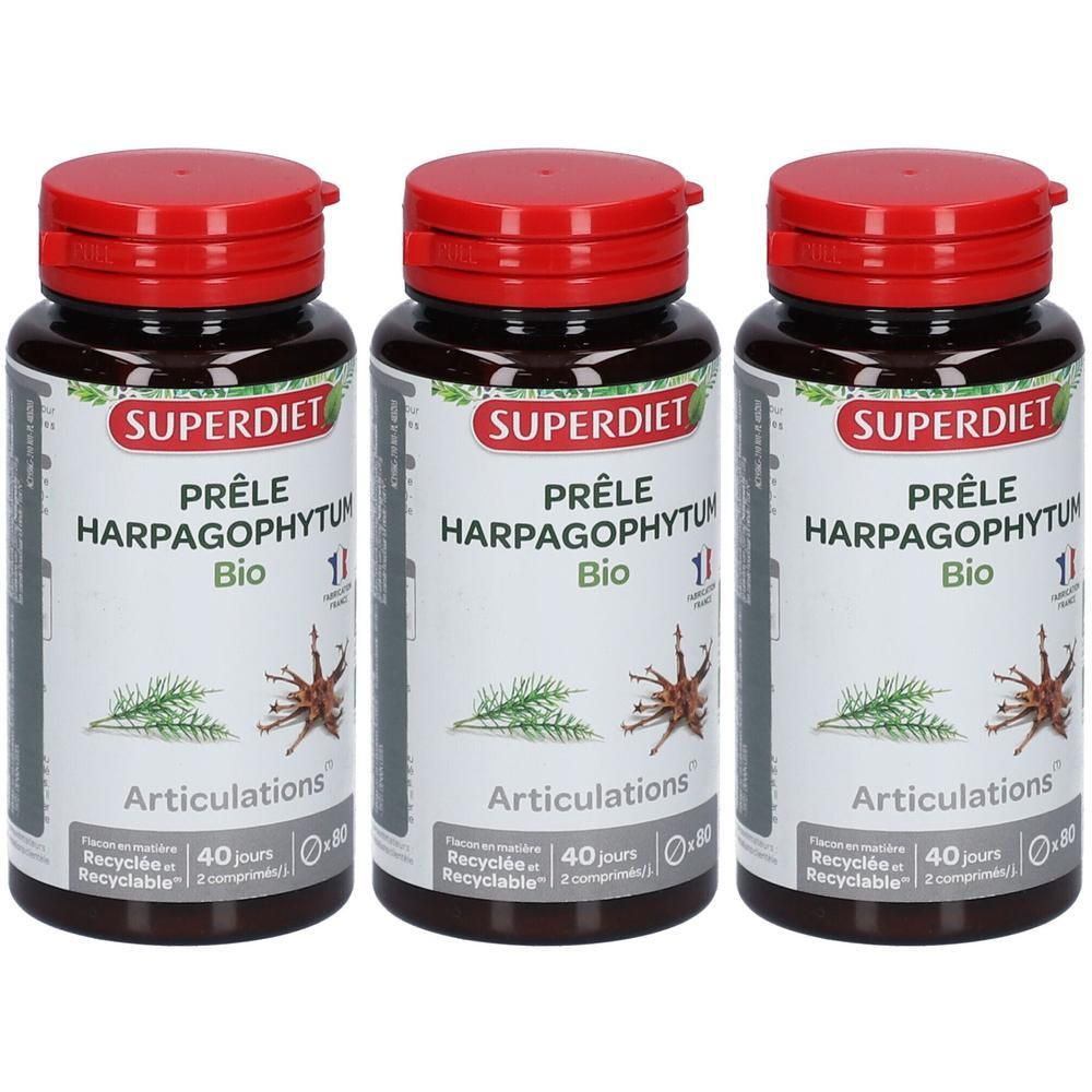 Trois flacons Super Diet Harpagophytum Bio pour les articulations, avec bouchons rouges.