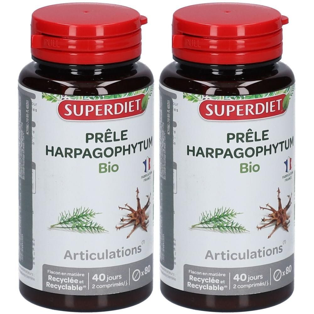 Deux flacons Super Diet Prêle Harpagophytum Bio pour articulations, étiquettes rouge et blanc avec illustrations végétales.