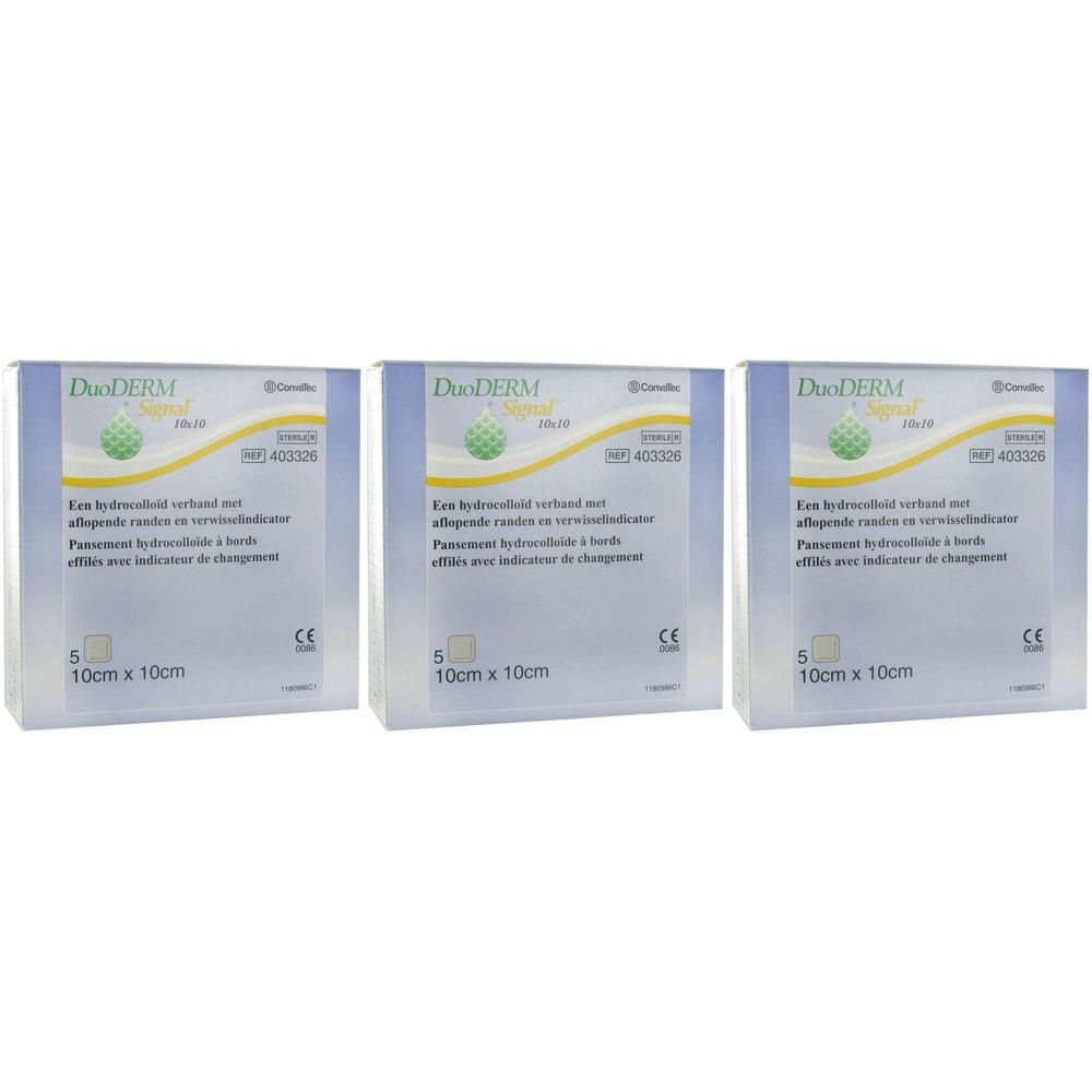 Drie verpakkingen DuoDERM Signal Hydro Steriel Transp 10cm x 10cm verbandmiddelen.