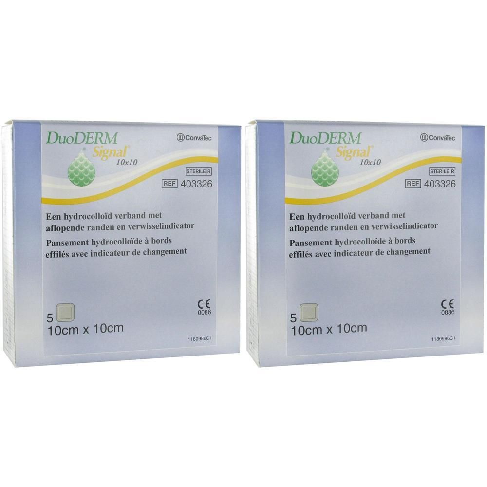 Deux paquets de pansements hydrocolloïdes DuoDERM Signal, stériles, 10x10cm.