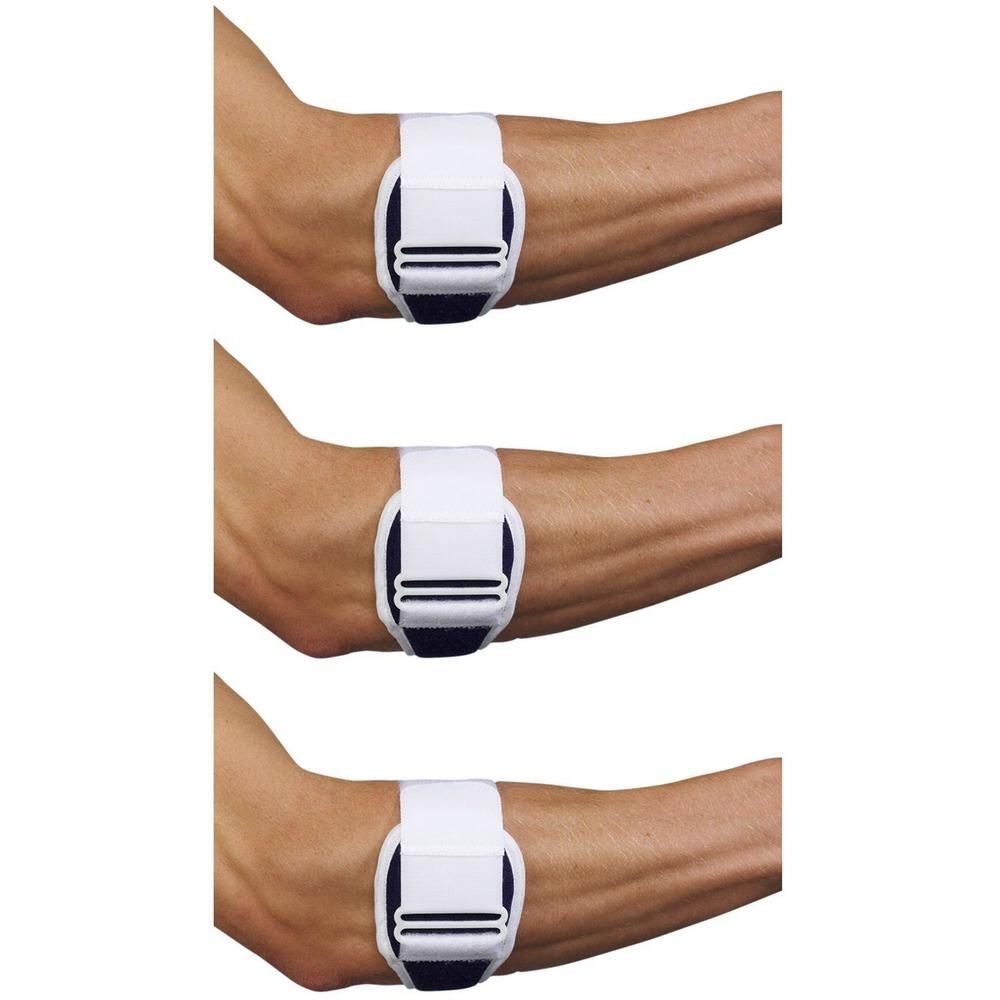Drie witte elleboogbandjes met zwarte klittenbandsluiting, gedragen op drie armen.