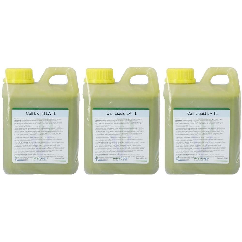 Drie jerrycans Calf Liquid LA 1L, gele doppen, etiketten met productinformatie.