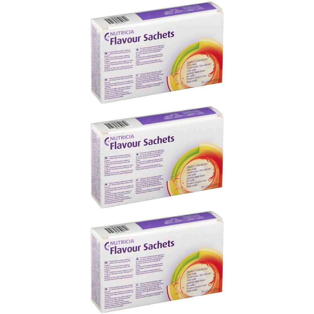 Drie pakken Nutricia Flavour Sachets Kers-Vanille.