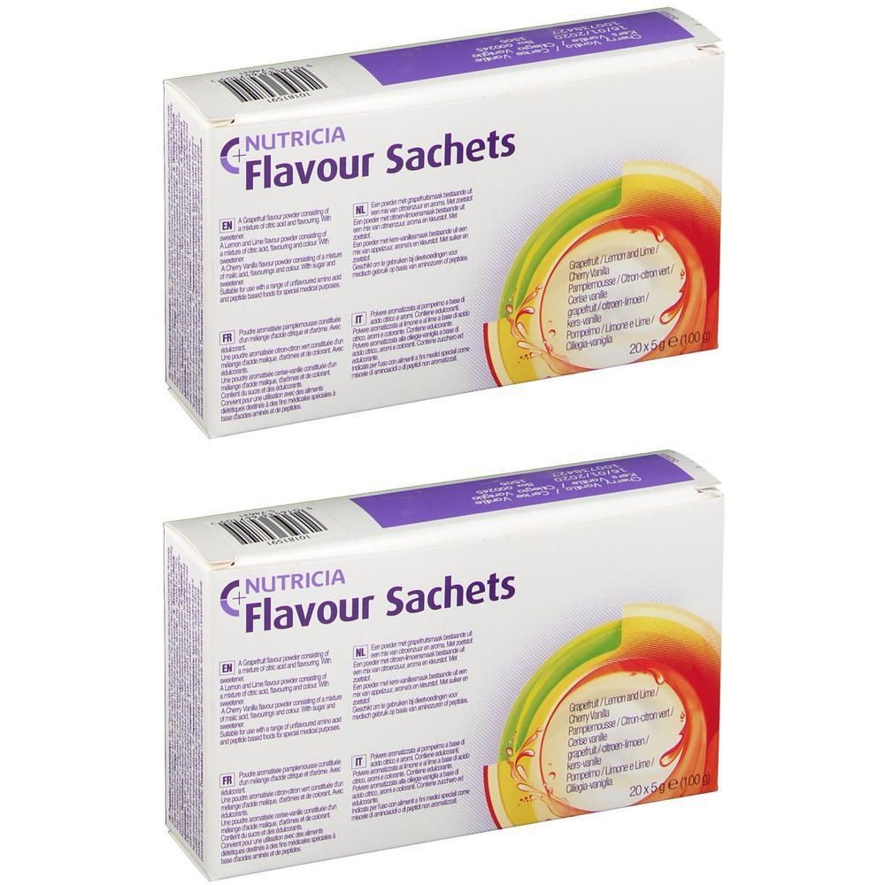 Deux boîtes de sachets aromatisés Nutricia saveur Cerise-Vanille.