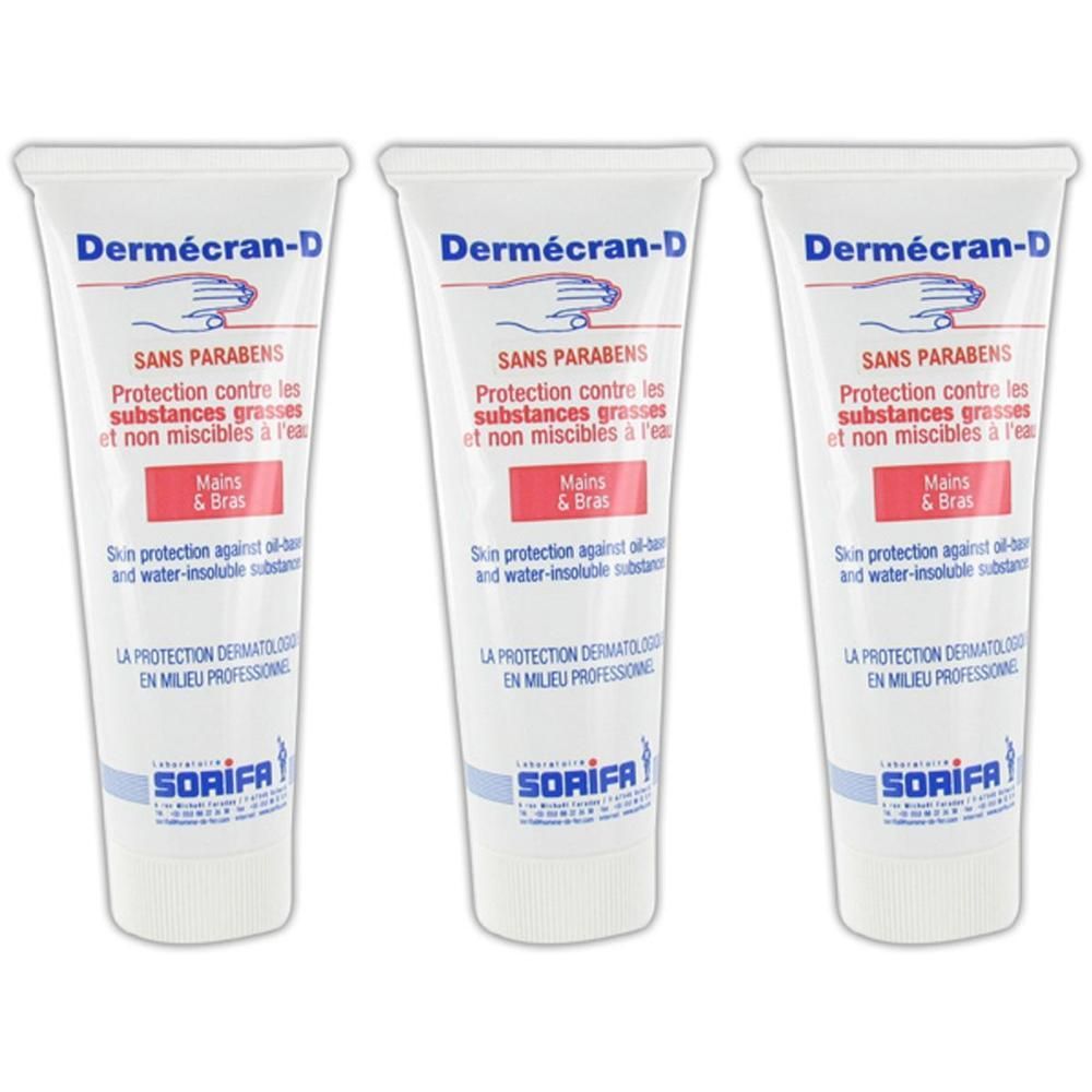 Trois tubes de crème protectrice Dermécran-D pour mains et bras.