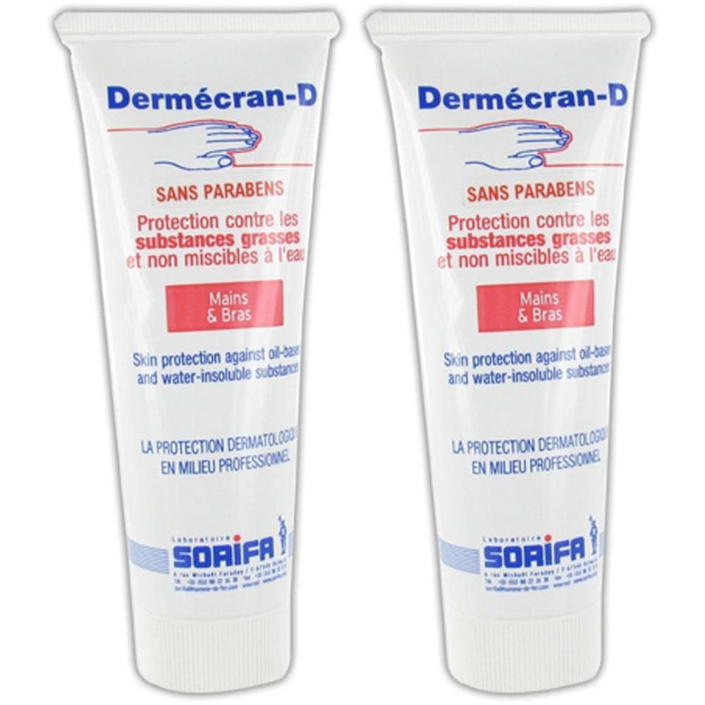 Deux tubes de crème protectrice Dermécran-D pour mains et bras. Sans parabènes, protection contre les corps gras et l'eau.