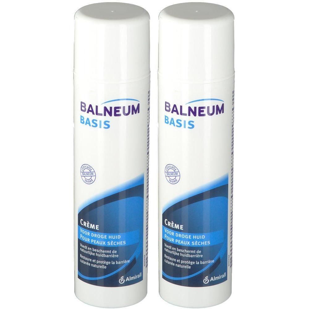 Deux flacons blancs de crème Balneum Basis pour peau sèche.
