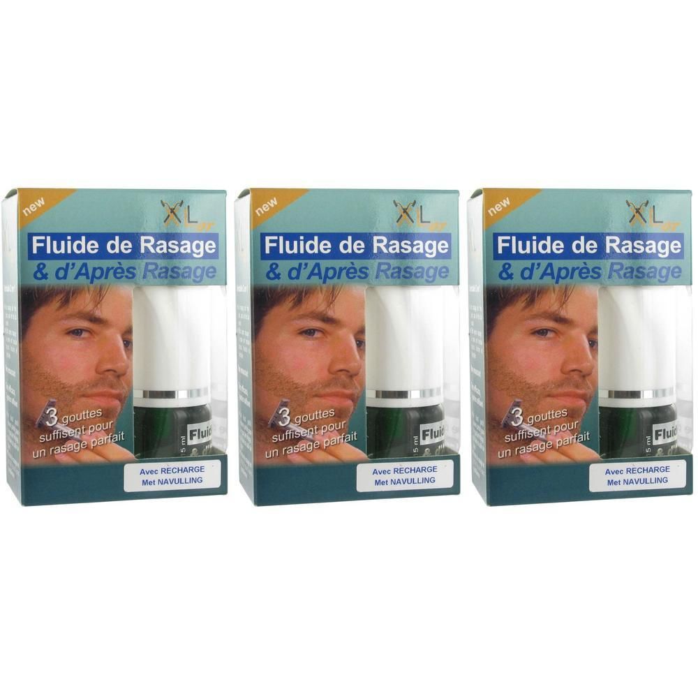 Drie verpakkingen XL Fluide de Rasage & d'Après Rasage met Aloë Vera. Elke verpakking toont een man en een klein groen flesje.