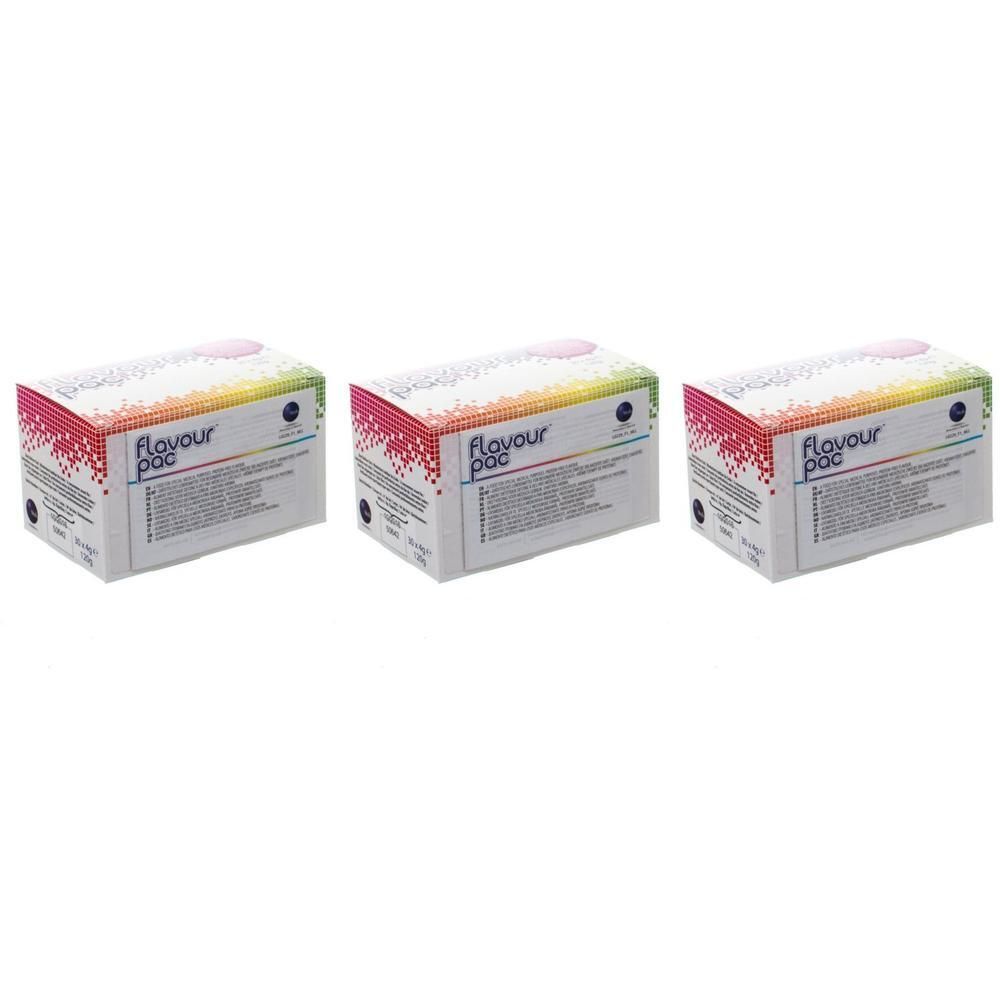 Trois paquets de Flavour Pac Cassis avec un motif pixelisé coloré et des informations produit.