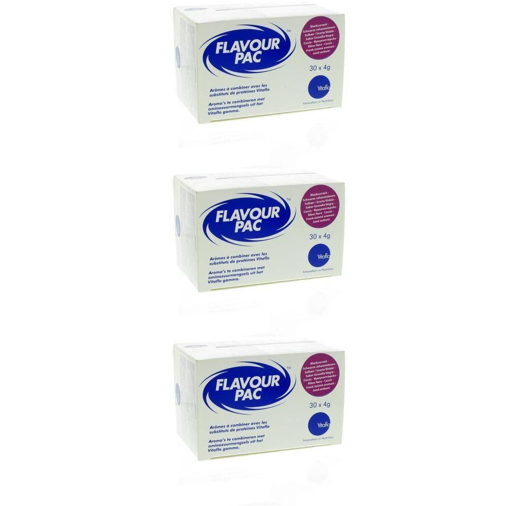 Trois paquets de Flavour Pac Tropical, 30x4g. Boîtes blanches avec inscription bleue et violette.
