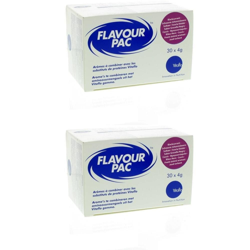 Deux paquets Flavour Pac Tropical, 30x4g. Contient des arômes à combiner avec des protéines.