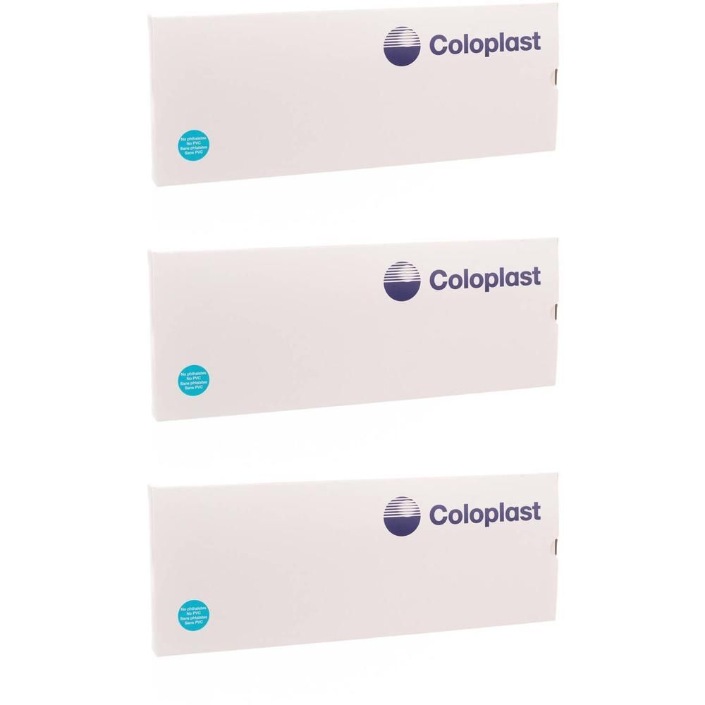 Trois paquets portant le logo Coloplast. Sceaux circulaires bleus sur les paquets.