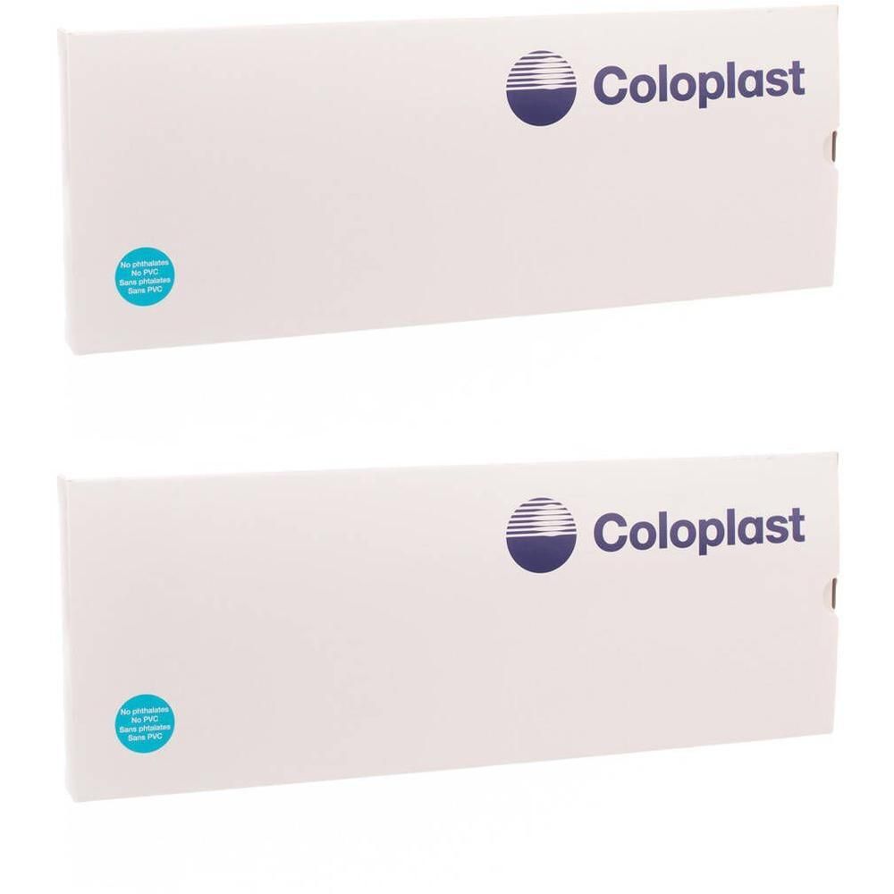 Deux emballages Coloplast avec le logo. Une marque circulaire bleue est visible sur le côté gauche de chaque emballage.