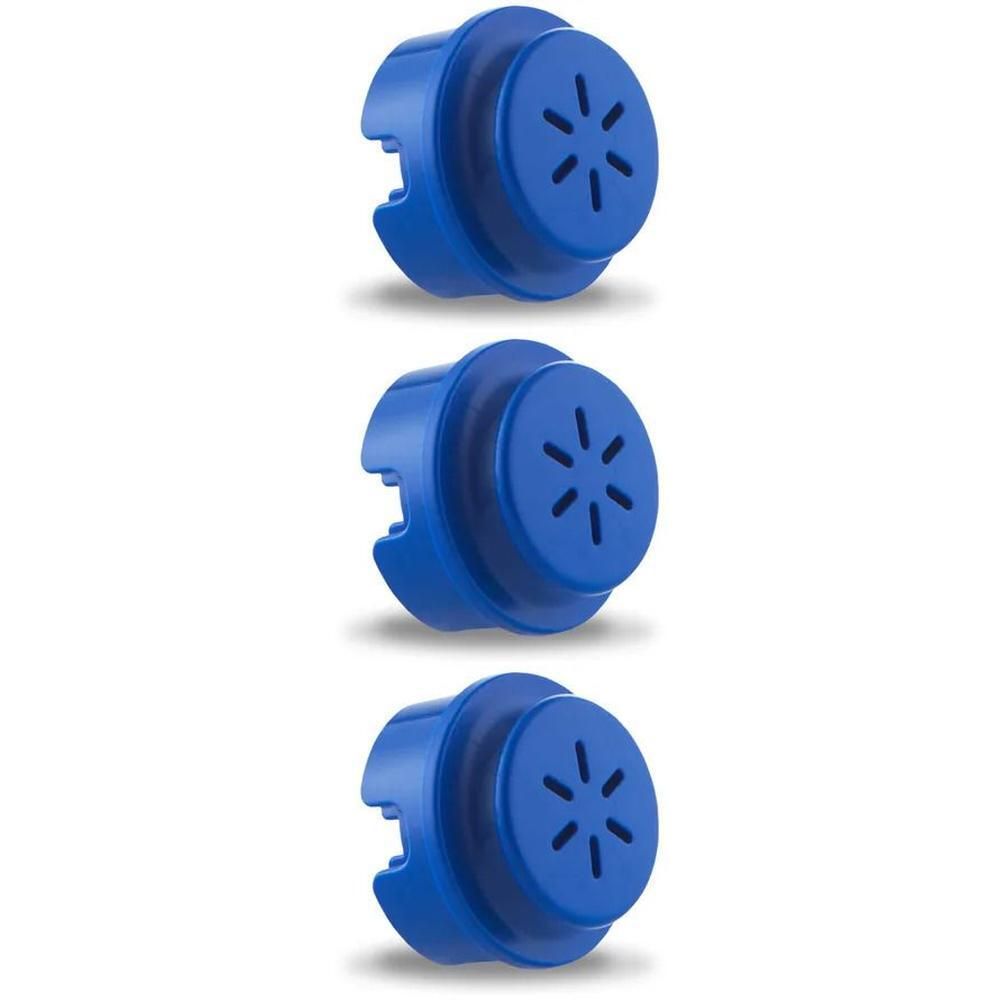 Drie blauwe filterdeksels met stervormige ventilatie.