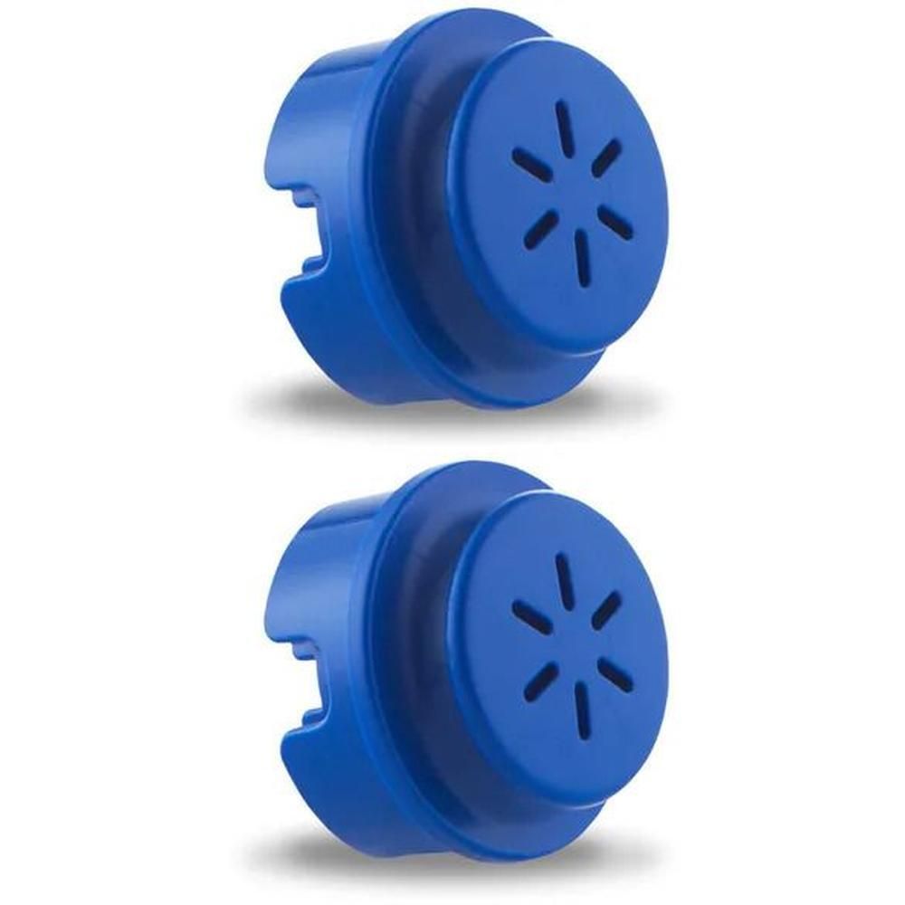 Twee blauwe filterdeksels met stervormige ventilatie.