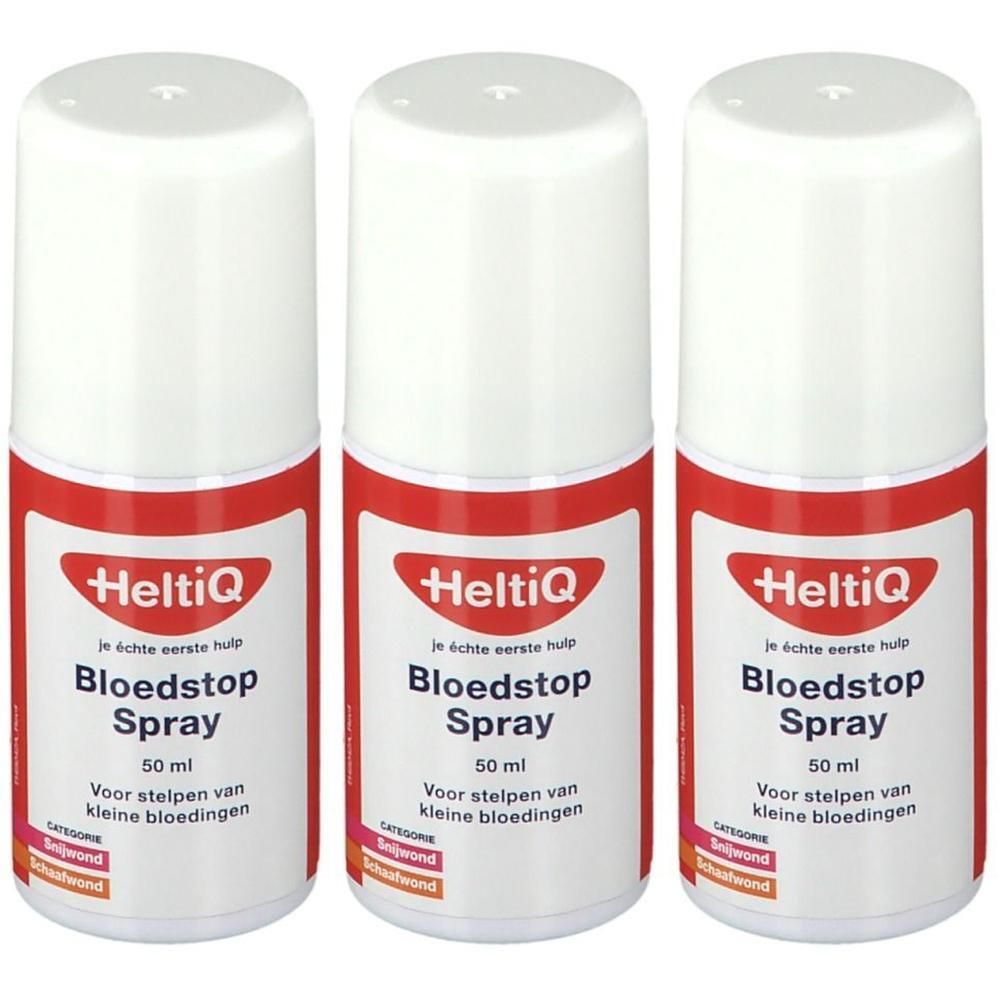 Trois flacons de Heltiq Bloedstop Spray, 50 ml.