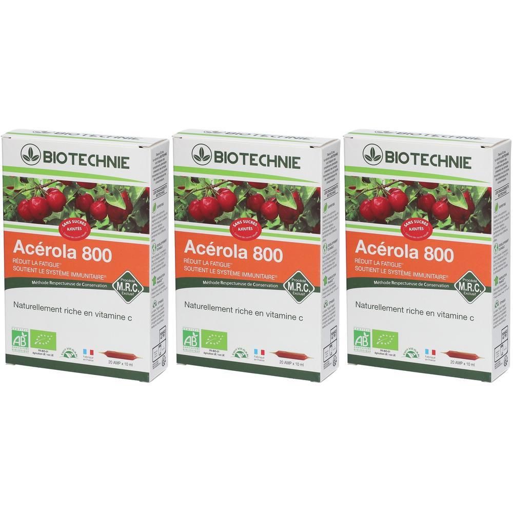 Drie pakken Acerola 800 van Biotechnie, van nature rijk aan vitamine C.