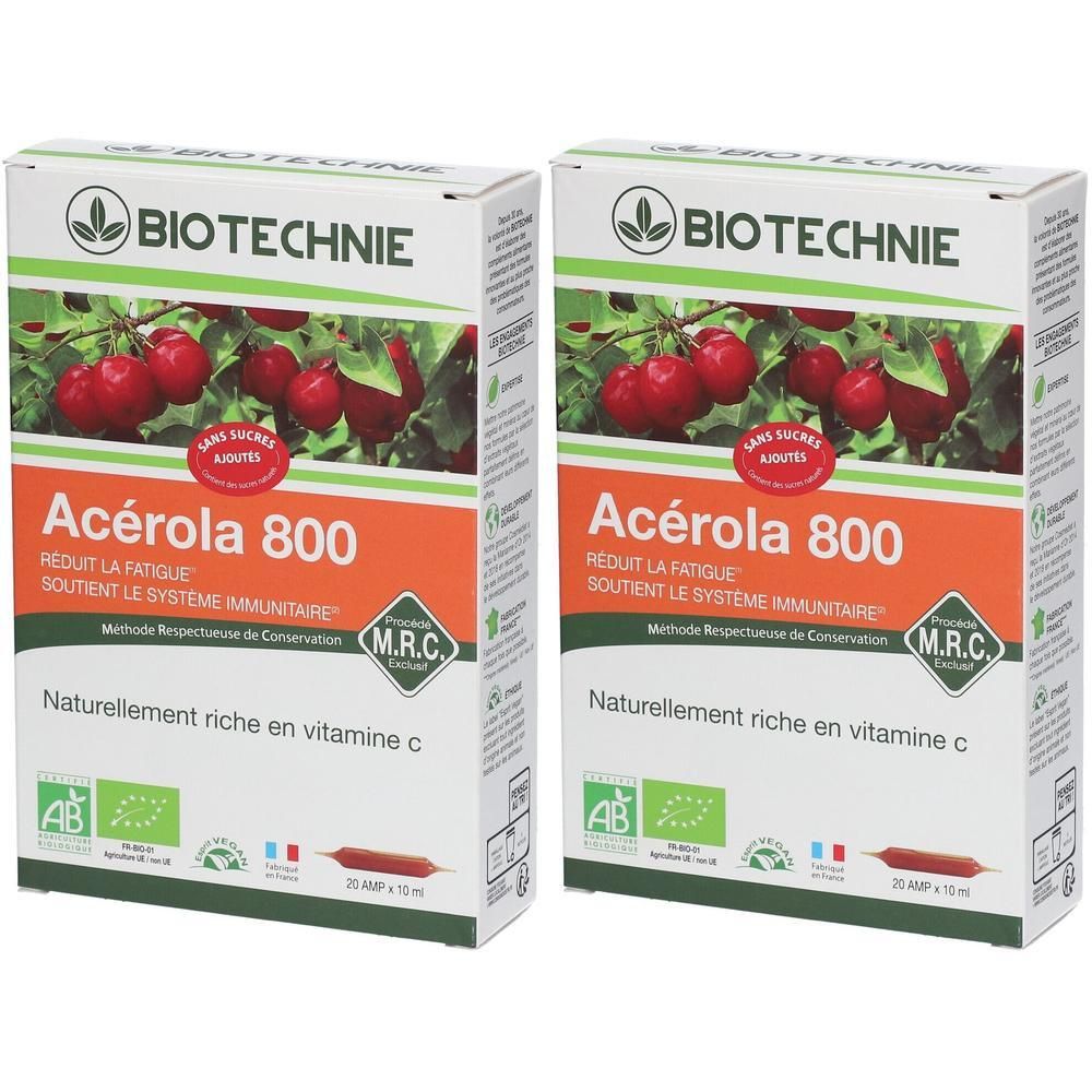 Deux boîtes d'Acerola 800 de Biotechnie, naturellement riche en vitamine C.
