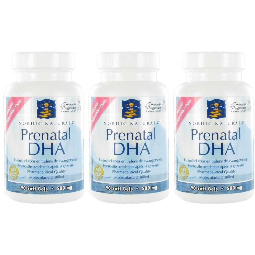 Drie flessen Nordic Naturals Prenatal DHA, 90 softgels van 500 mg per stuk.
