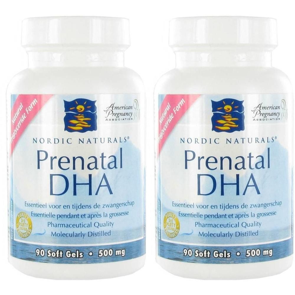 Twee flessen Nordic Naturals Prenatal DHA, 90 softgels per stuk, 500 mg.
