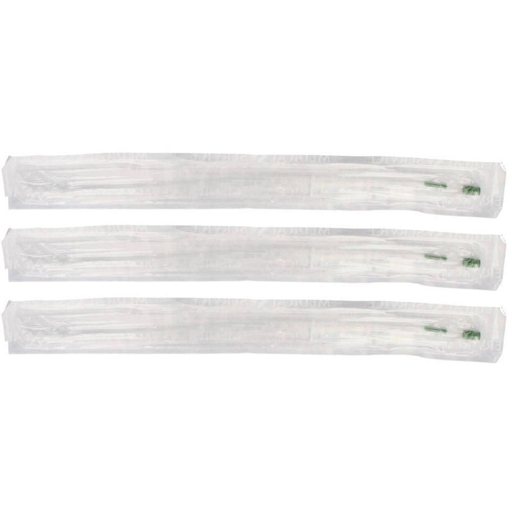 Trois sondes vésicales emballées individuellement avec des marquages verts.