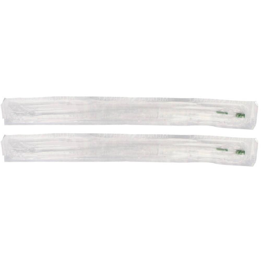 Deux sondes vésicales emballées individuellement, en plastique transparent avec marquages verts.