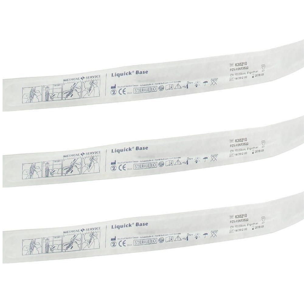 Drie individueel verpakte Liquick Base katheters. Steriel, 30 cm, Ch10. CE-markering zichtbaar.