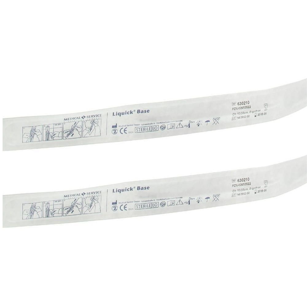 Twee steriele verpakkingen van Liquick Base katheters, 30 cm Ch10. Met instructies en CE-markering.