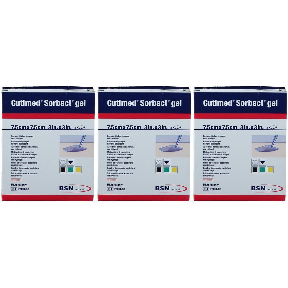 Drie pakken Cutimed Sorbact Gel verband, 7,5cm x 7,5cm. BSN medical logo.