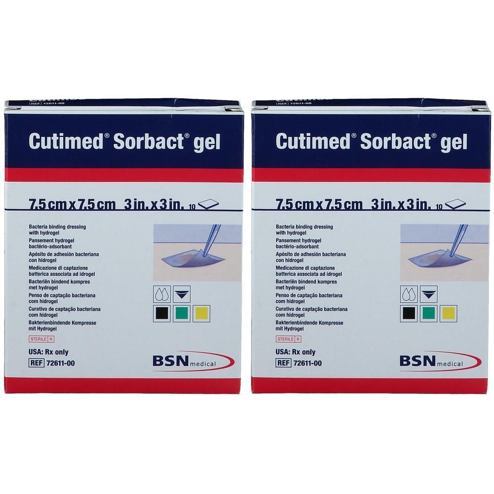 Twee verpakkingen Cutimed Sorbact gel wondverbanden, 7,5 cm x 7,5 cm.