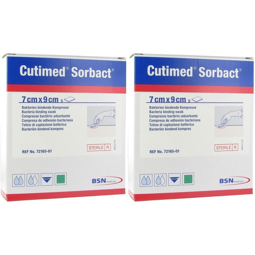 Deux paquets de compresses Cutimed Sorbact, 7x9cm. Compresses médicales stériles pour le traitement des plaies.