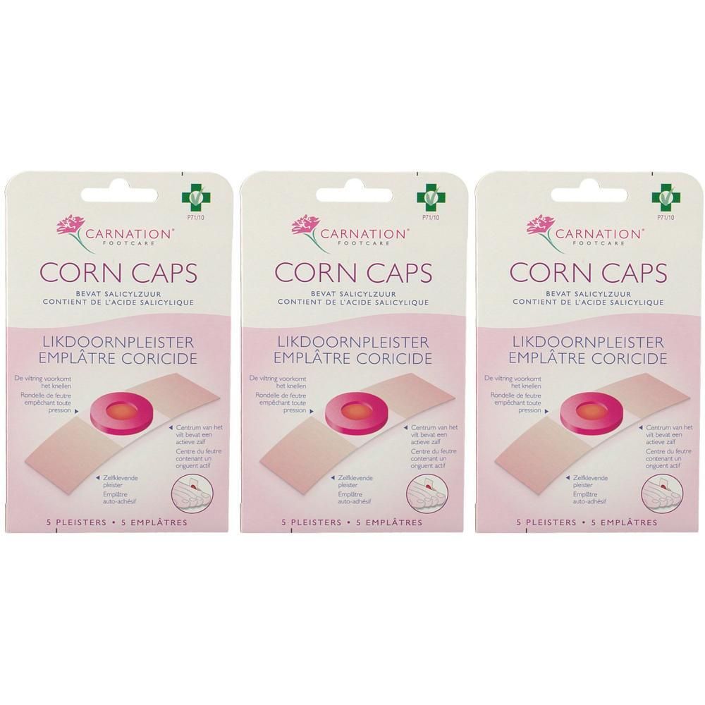 Trois paquets de Carnation Corn Caps, chacun contenant 5 pansements. Anneau rose sur pansement couleur chair.