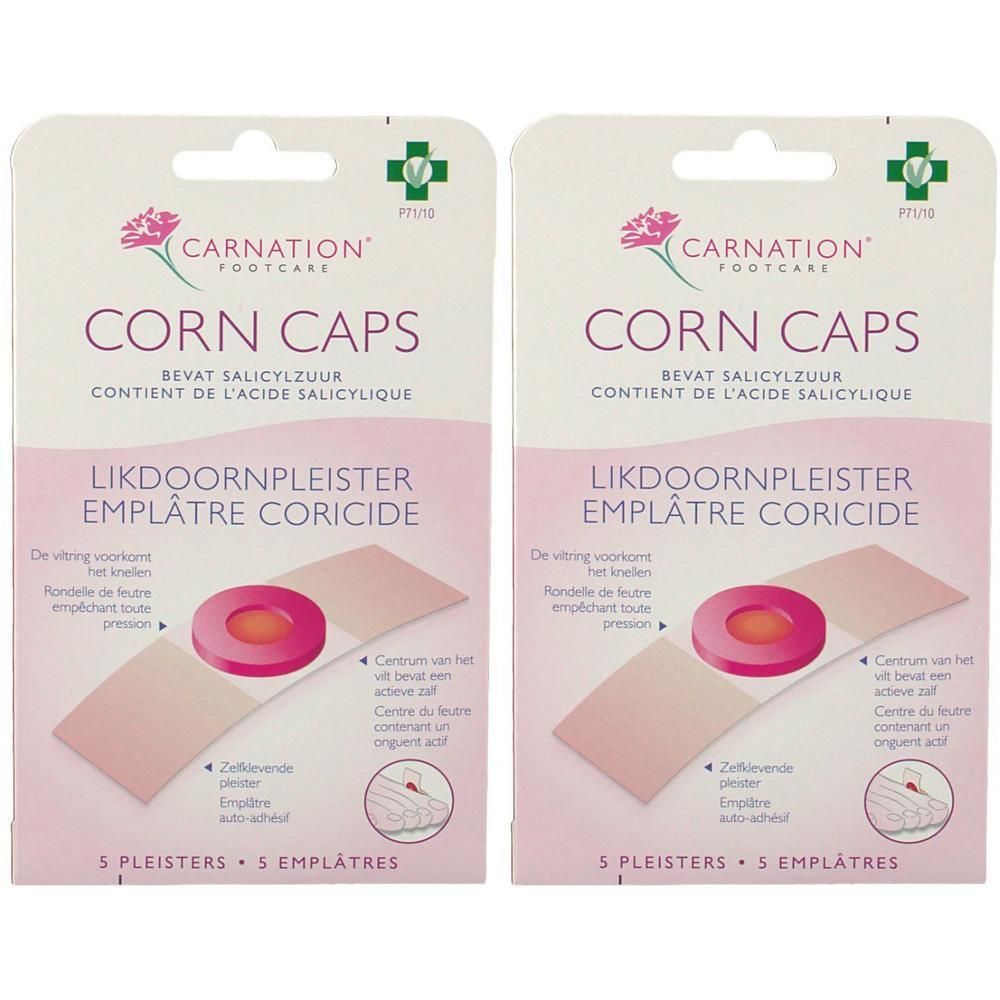 Twee pakken Carnation Corn Caps met 5 pleisters per stuk. Bevat salicylzuur.