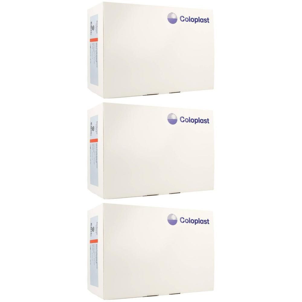 Drie witte Coloplast-dozen, op elkaar gestapeld. Logo rechtsboven.