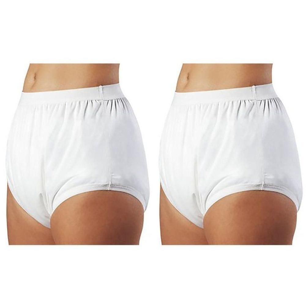 Twee witte slips met hoge taille, elastische tailleband en PU beschermlaag.