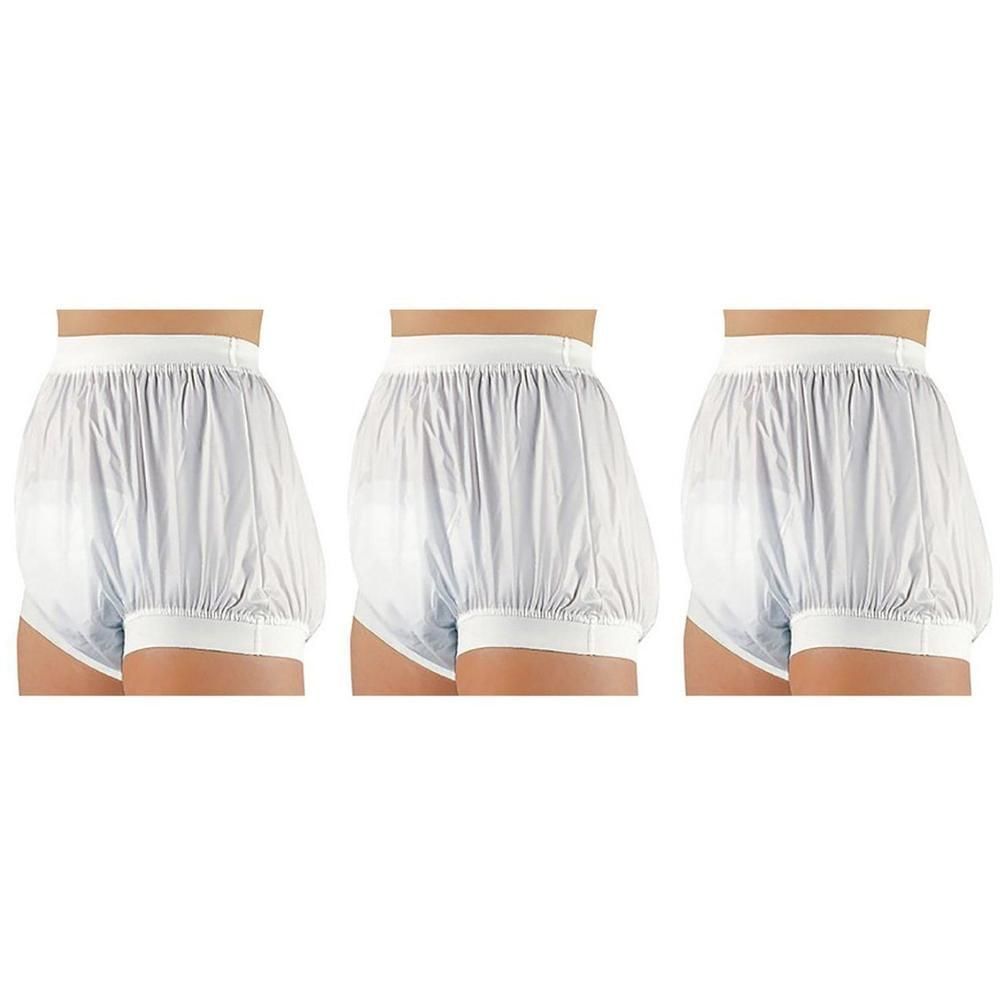Trois culottes de protection en PVC blanc avec large élastique à la taille et aux jambes.