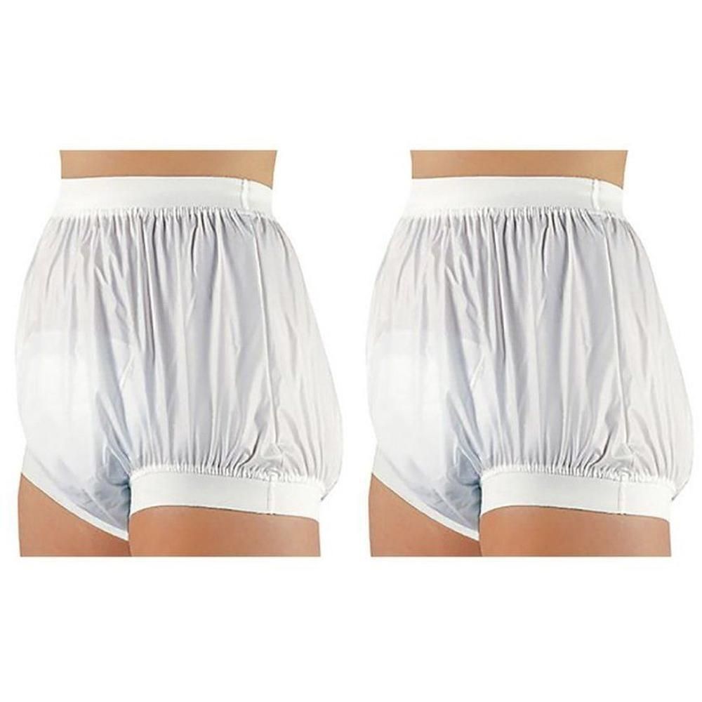 Deux culottes de protection blanches en PVC avec large élastique à la taille et aux jambes.