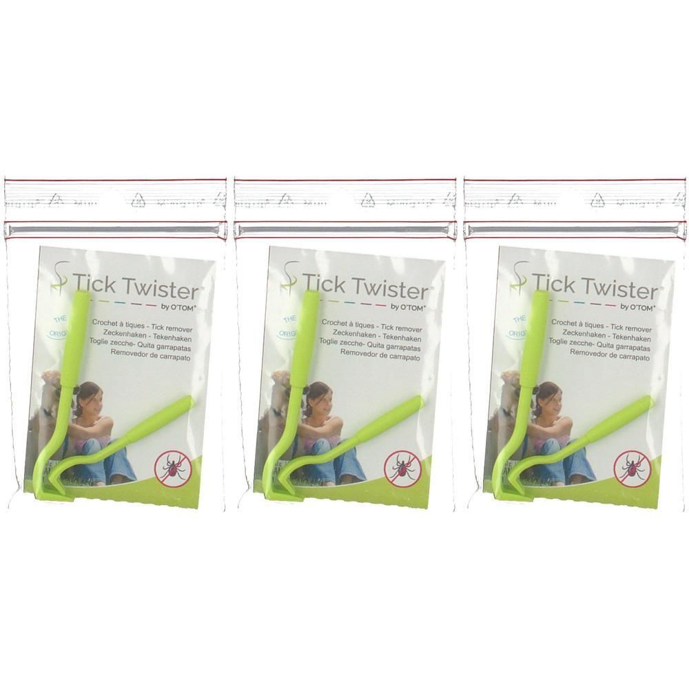 Drie groene tekenverwijderaars in een zakje, merk Tick Twister.
