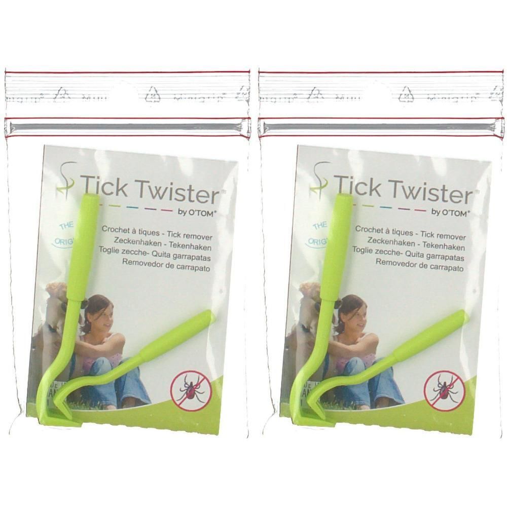 Twee groene tekenhaken van Tick Twister by OTOM in dubbelverpakking.