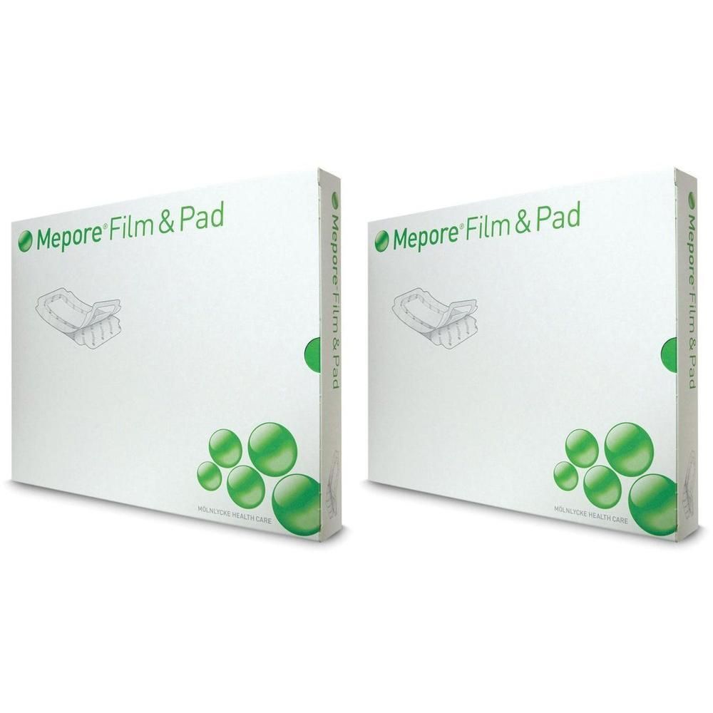 Twee pakken Mepore Film & Pad verband, wit met groene bubbelaccenten.