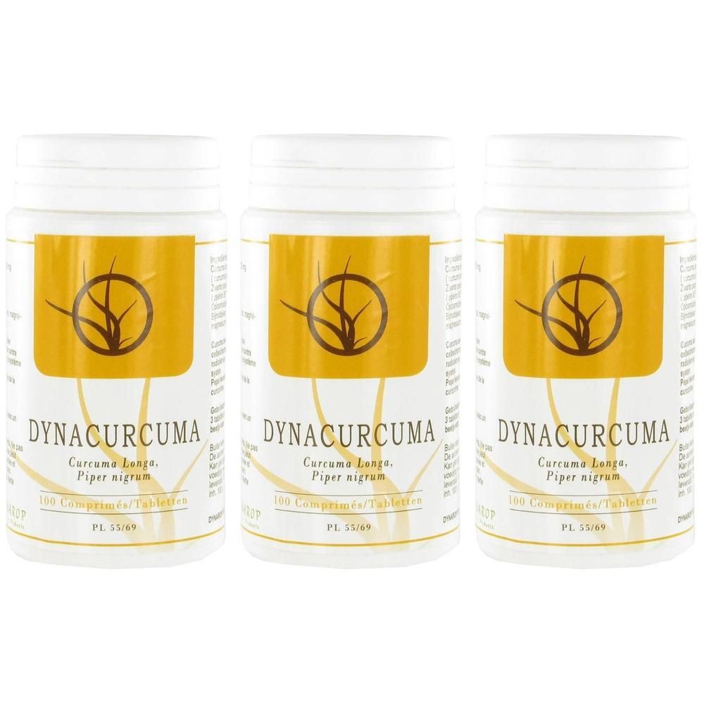 Drie potten Dynacurcuma, elk 100 tabletten.