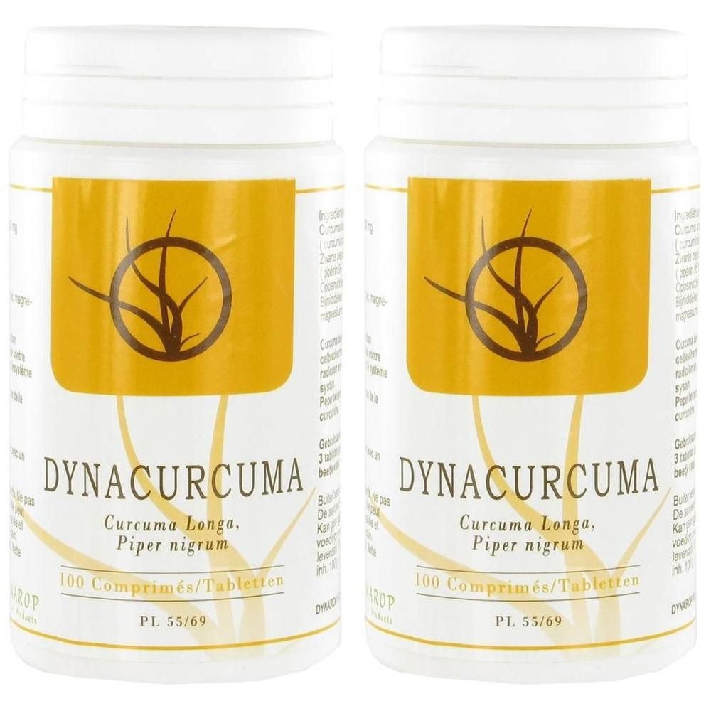 Deux flacons de Dynacurcuma, chacun contenant 100 comprimés. Contient Curcuma Longa et Piper Nigrum.