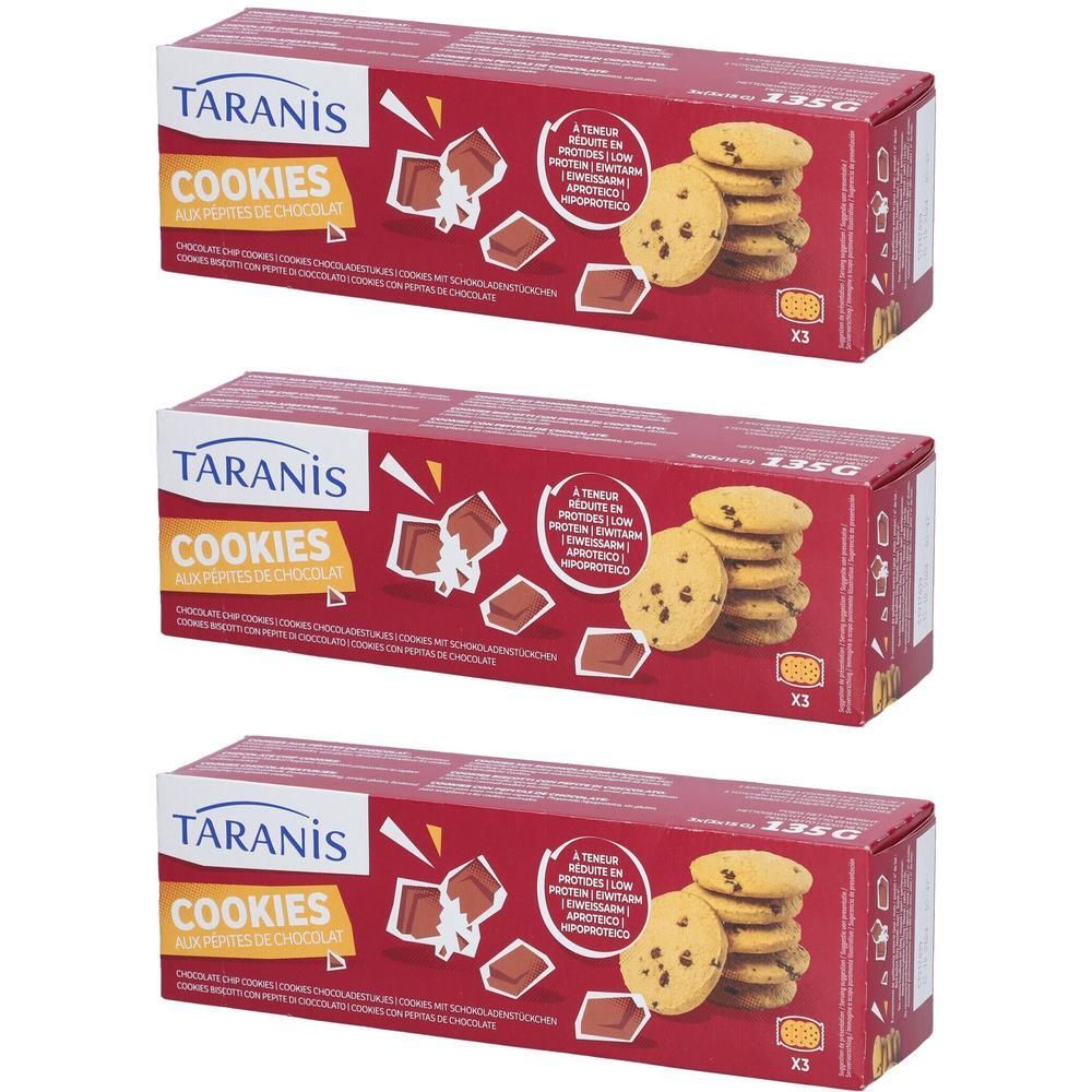 Drie pakken Taranis Cookies met chocoladestukjes, 135g per pak.