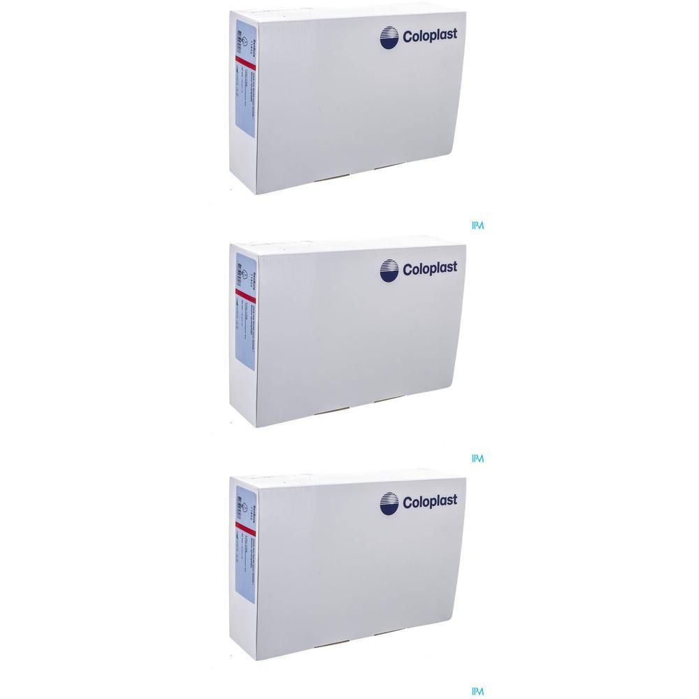 Trois boîtes Coloplast blanches avec logo bleu et informations produit sur l'étiquette.