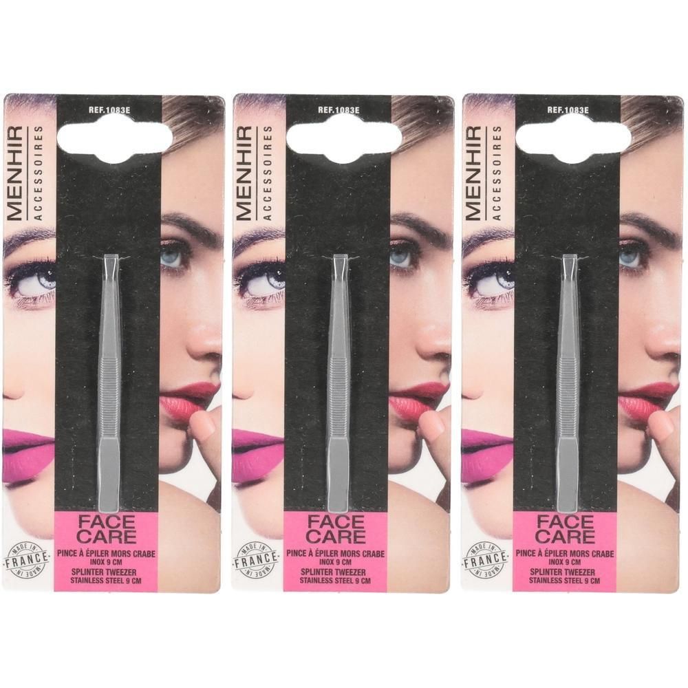 Lot de trois pinces à épiler pour le visage en acier inoxydable, 9 cm.