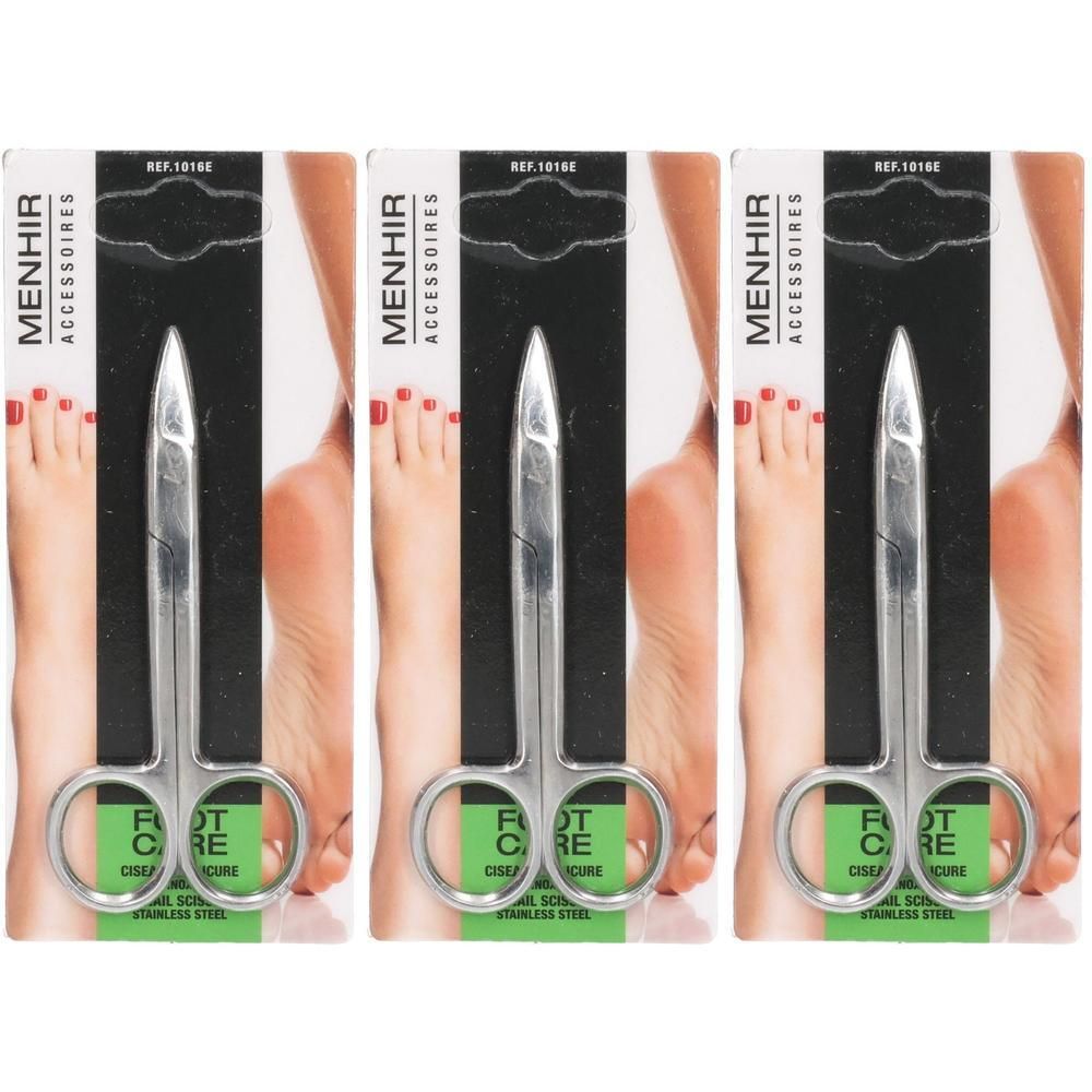 Trois paires de ciseaux à pédicure en acier inoxydable à longs manches, emballés pour la vente.