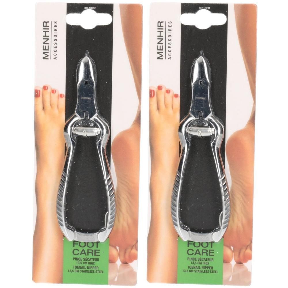 Deux outils de soin des pieds sous blister. Métal avec poignées noires, acier inoxydable de 13,5 cm.