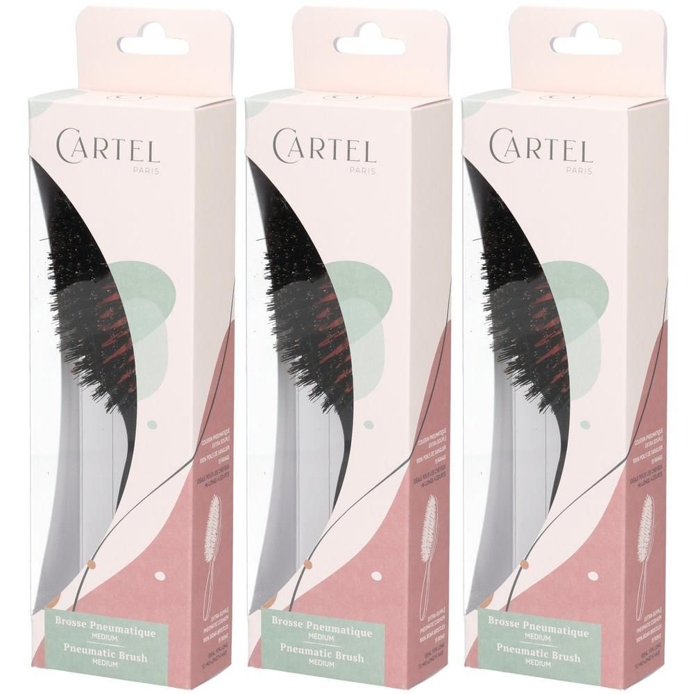 Trois brosses pneumatiques Cartel Paris en emballage. Poils noirs, manche ergonomique.