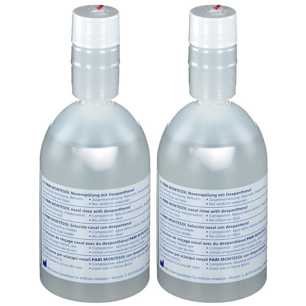 Deux flacons de solution nasale PARI MONTESOL avec Dexpanthenol. Liquide clair dans des flacons en plastique transparents avec bouchons blancs.